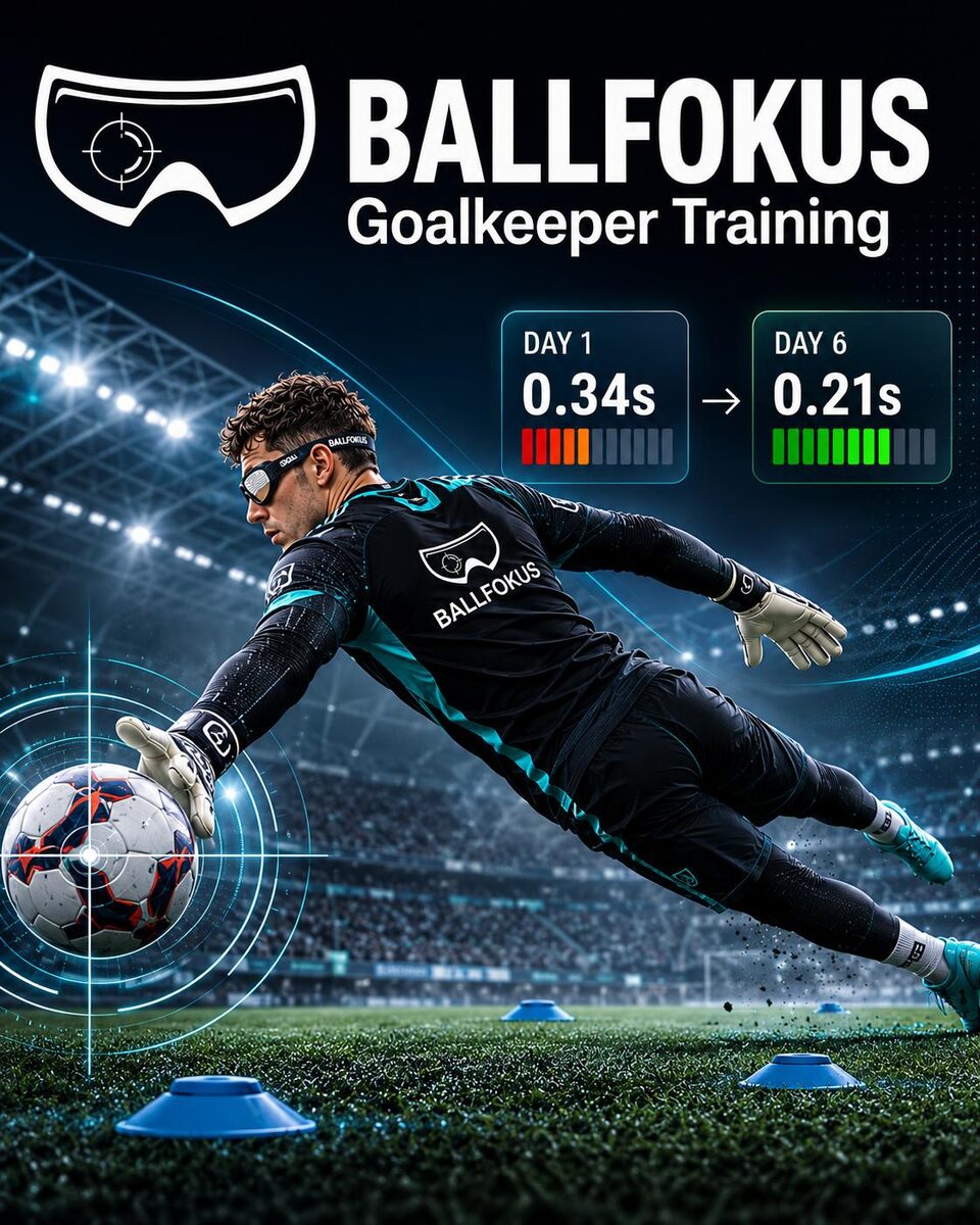 Torwart mit BALLFOKUS-Ausrüstung bei einer Parade, Reaktionszeit-Fortschritt Tag 1 zu Tag 6
